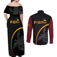Papua New Guinea 50th Independence Day Couples Matching Off Shoulder Maxi Dress and Long Sleeve Button Shirt Simple Oro Tapa Pattern - Polynesian Pride