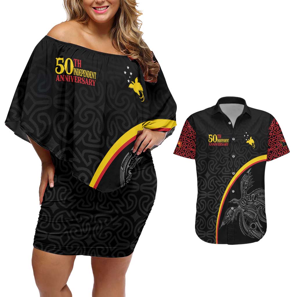 Papua New Guinea 50th Independence Day Couples Matching Off Shoulder Short Dress and Hawaiian Shirt Simple Oro Tapa Pattern - Polynesian Pride