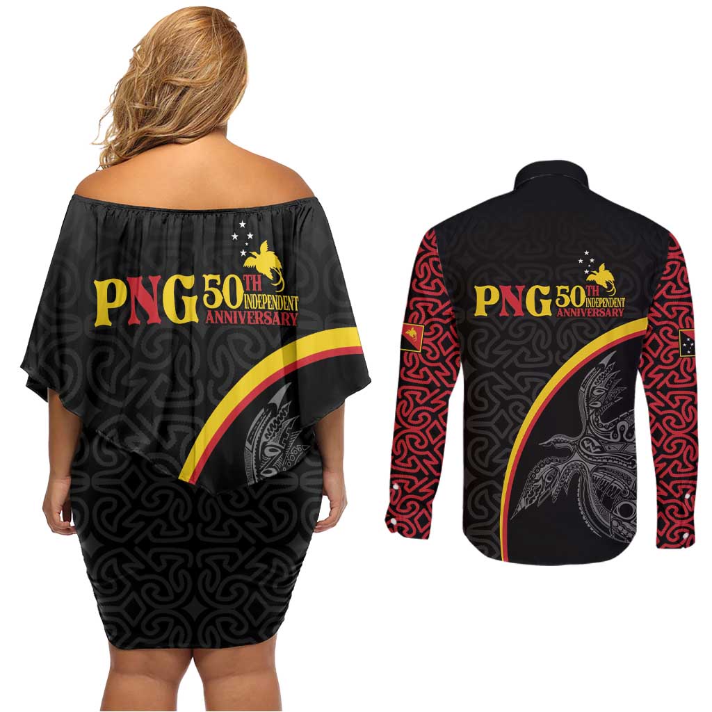 Papua New Guinea 50th Independence Day Couples Matching Off Shoulder Short Dress and Long Sleeve Button Shirt Simple Oro Tapa Pattern - Polynesian Pride