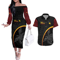 Papua New Guinea 50th Independence Day Couples Matching Off The Shoulder Long Sleeve Dress and Hawaiian Shirt Simple Oro Tapa Pattern - Polynesian Pride