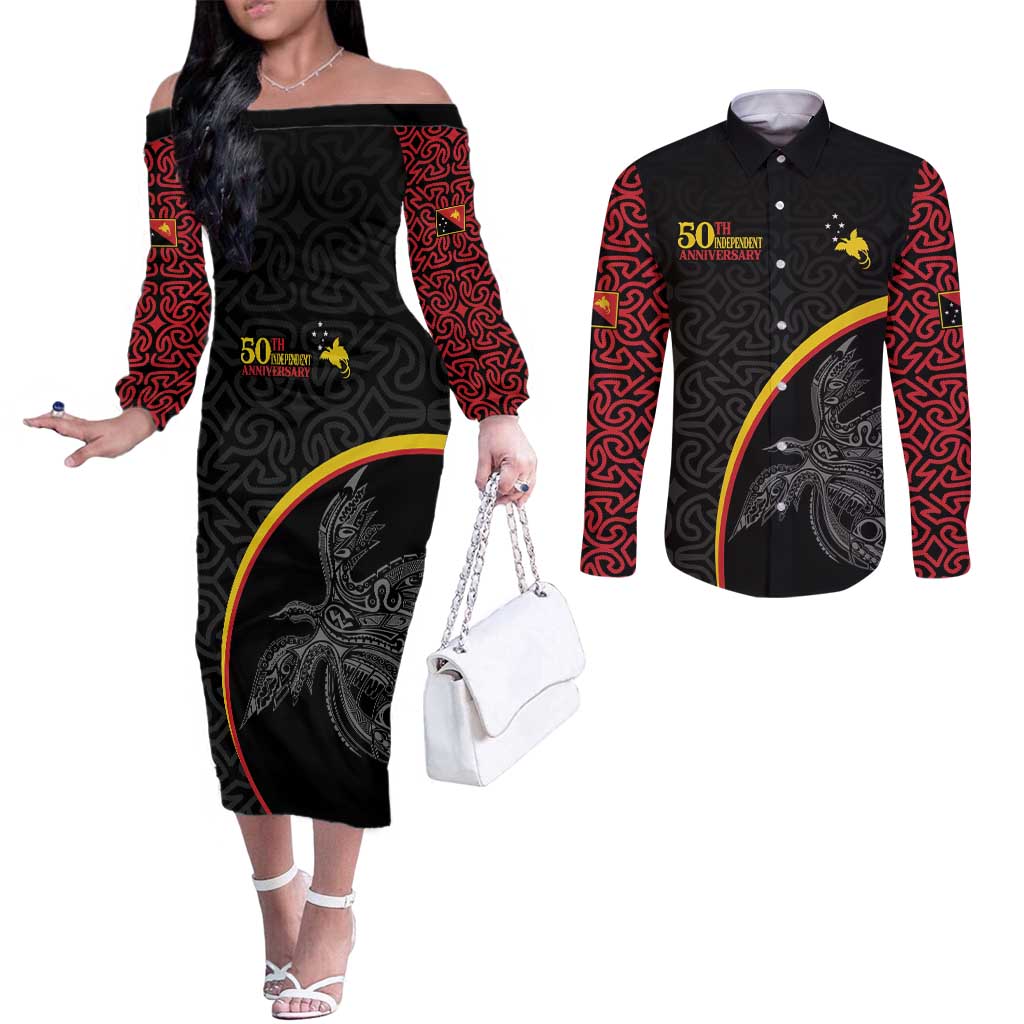 Papua New Guinea 50th Independence Day Couples Matching Off The Shoulder Long Sleeve Dress and Long Sleeve Button Shirt Simple Oro Tapa Pattern - Polynesian Pride