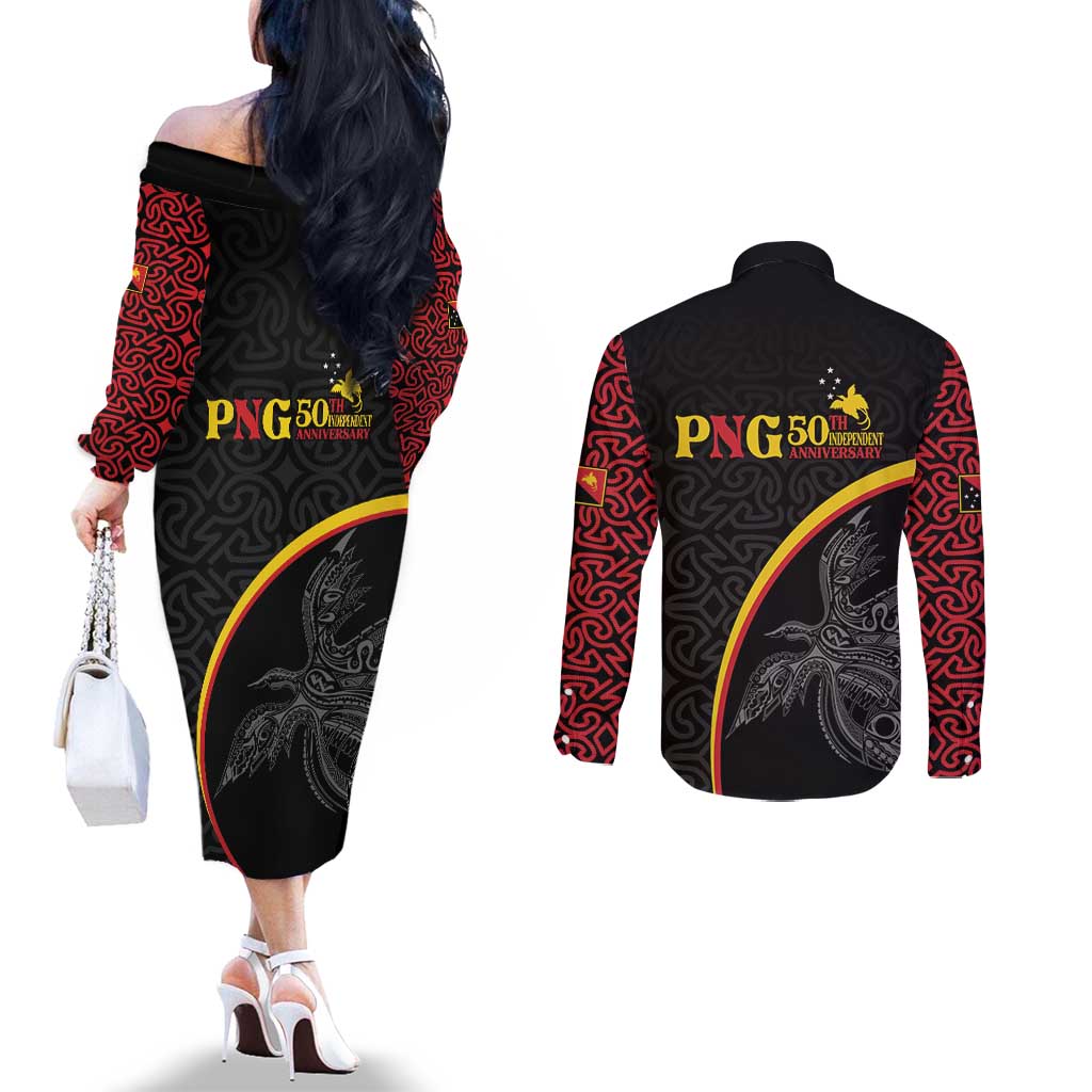 Papua New Guinea 50th Independence Day Couples Matching Off The Shoulder Long Sleeve Dress and Long Sleeve Button Shirt Simple Oro Tapa Pattern - Polynesian Pride