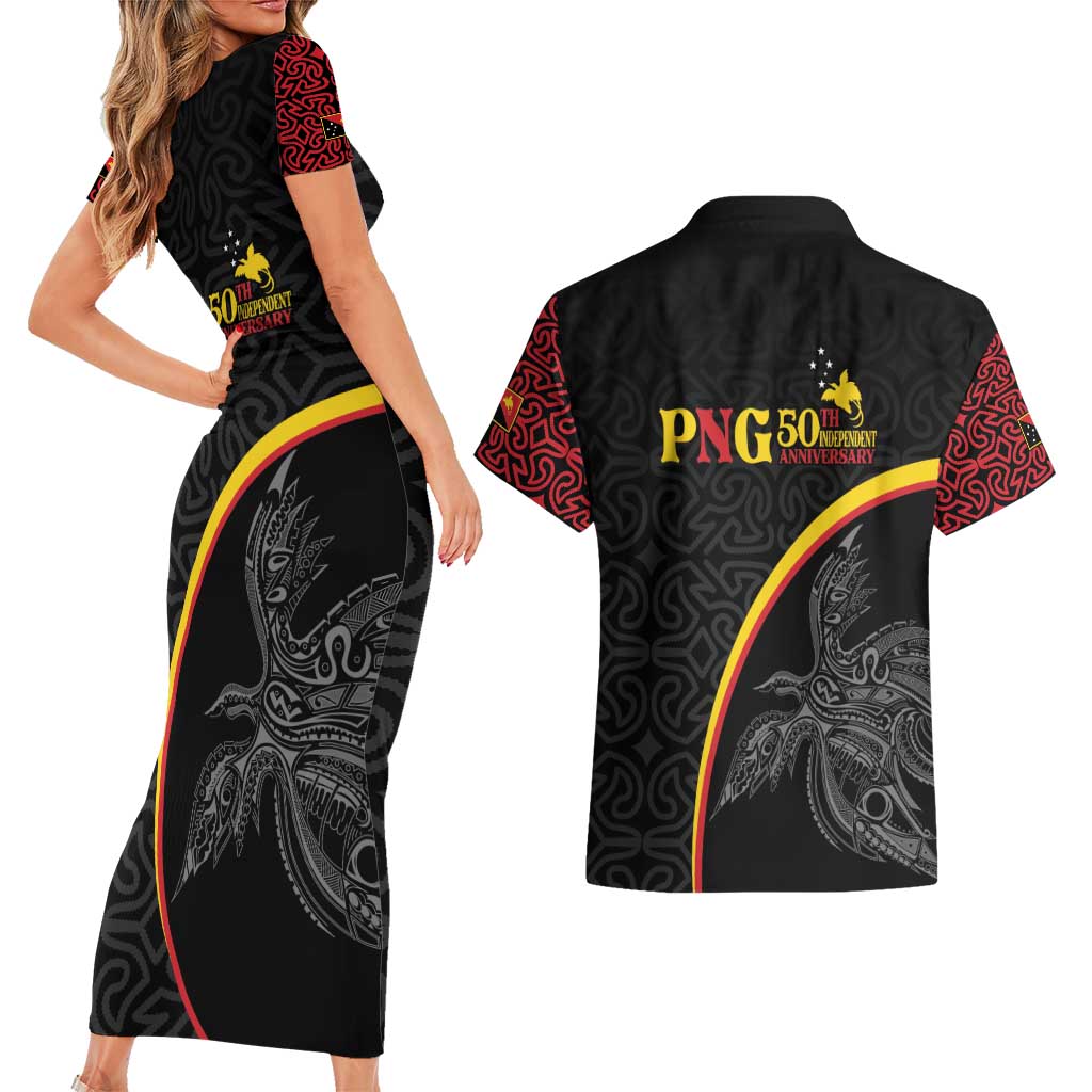 Papua New Guinea 50th Independence Day Couples Matching Short Sleeve Bodycon Dress and Hawaiian Shirt Simple Oro Tapa Pattern - Polynesian Pride