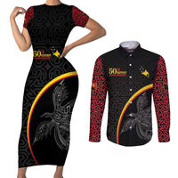 Papua New Guinea 50th Independence Day Couples Matching Short Sleeve Bodycon Dress and Long Sleeve Button Shirt Simple Oro Tapa Pattern - Polynesian Pride