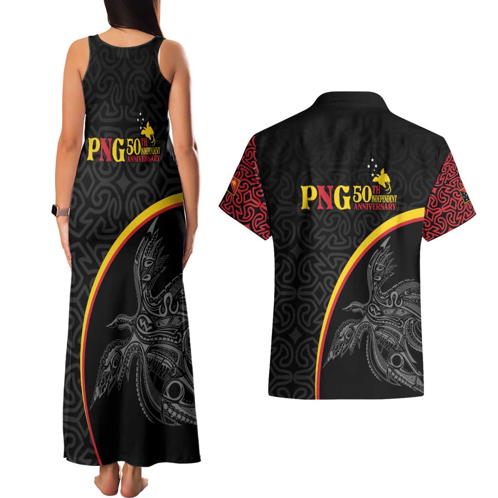 Papua New Guinea 50th Independence Day Couples Matching Tank Maxi Dress and Hawaiian Shirt Simple Oro Tapa Pattern - Polynesian Pride