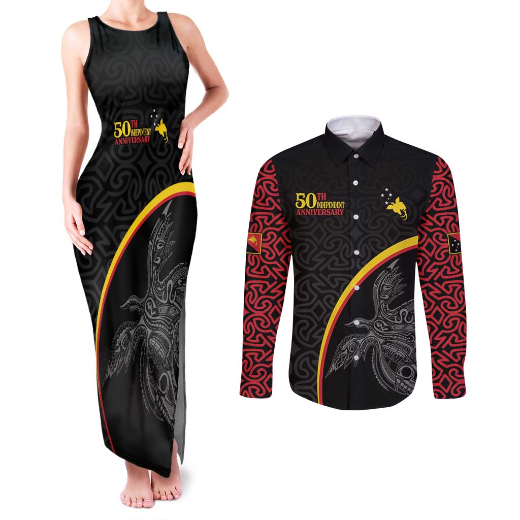Papua New Guinea 50th Independence Day Couples Matching Tank Maxi Dress and Long Sleeve Button Shirt Simple Oro Tapa Pattern - Polynesian Pride
