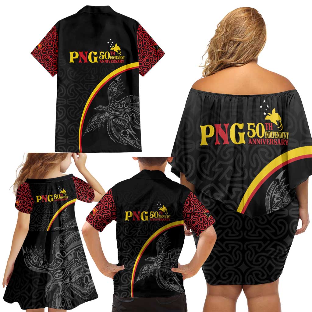 Papua New Guinea 50th Independence Day Family Matching Off Shoulder Short Dress and Hawaiian Shirt Simple Oro Tapa Pattern - Polynesian Pride