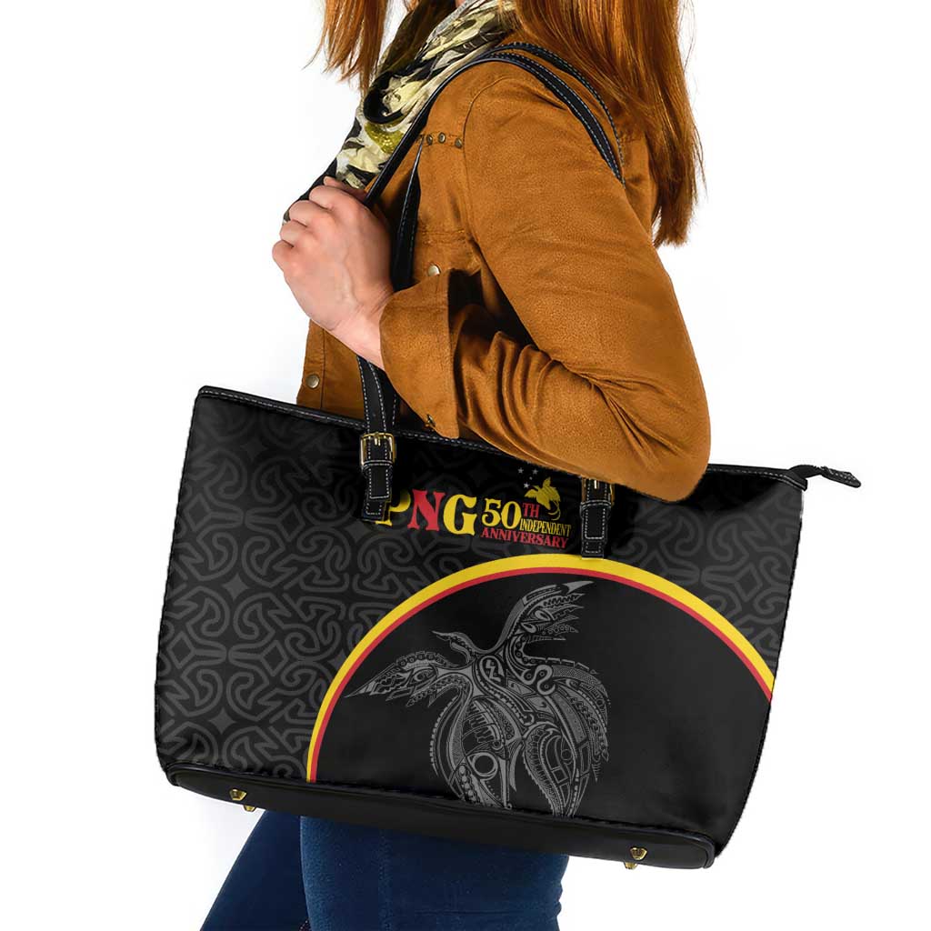 Papua New Guinea 50th Independence Day Leather Tote Bag Simple Oro Tapa Pattern - Polynesian Pride