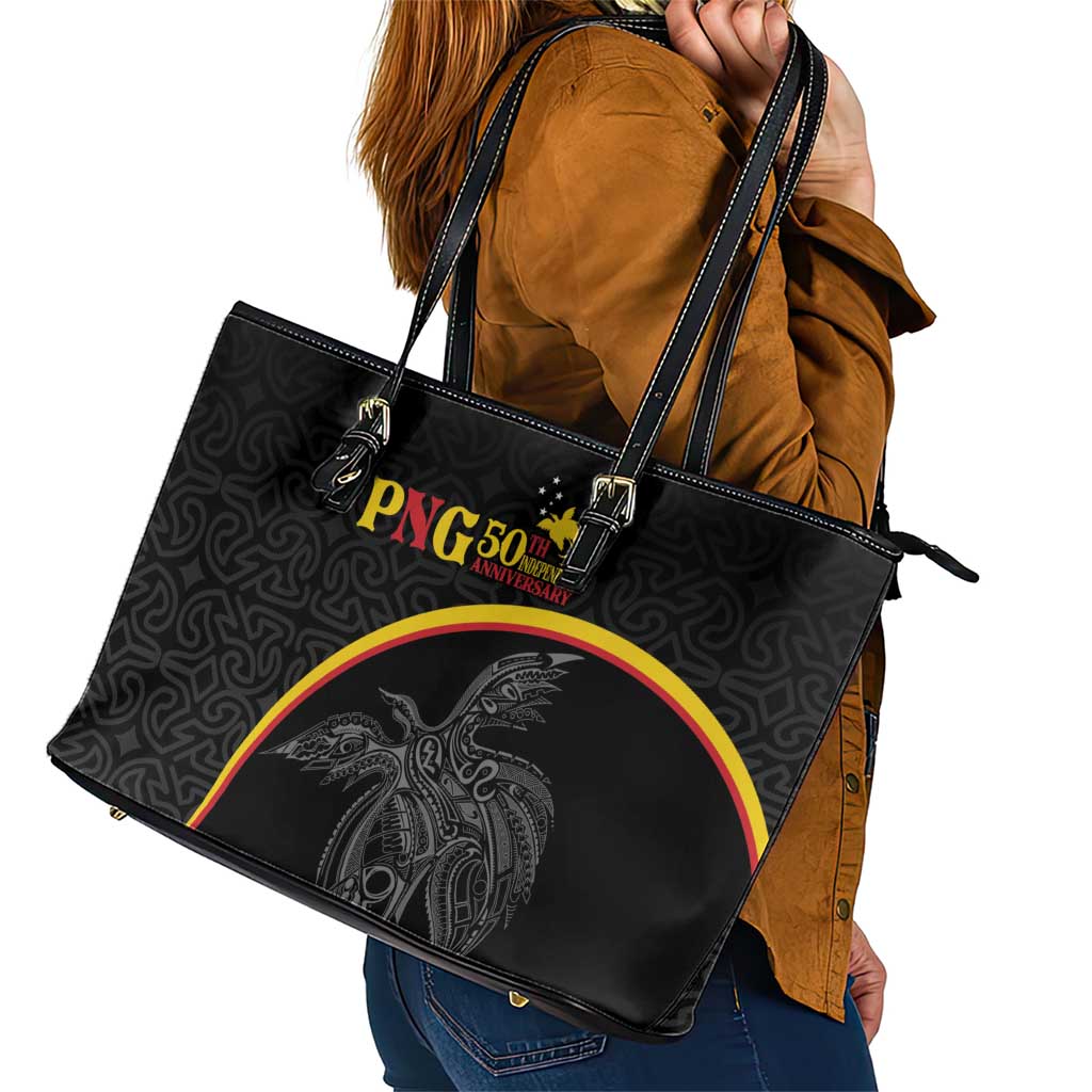 Papua New Guinea 50th Independence Day Leather Tote Bag Simple Oro Tapa Pattern - Polynesian Pride