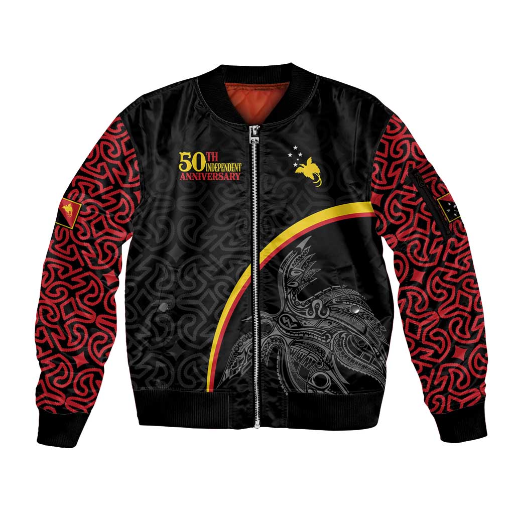 Papua New Guinea 50th Independence Day Sleeve Zip Bomber Jacket Simple Oro Tapa Pattern - Polynesian Pride
