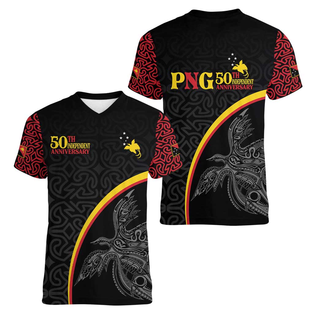 Papua New Guinea 50th Independence Day Women V-Neck T-Shirt Simple Oro Tapa Pattern - Polynesian Pride