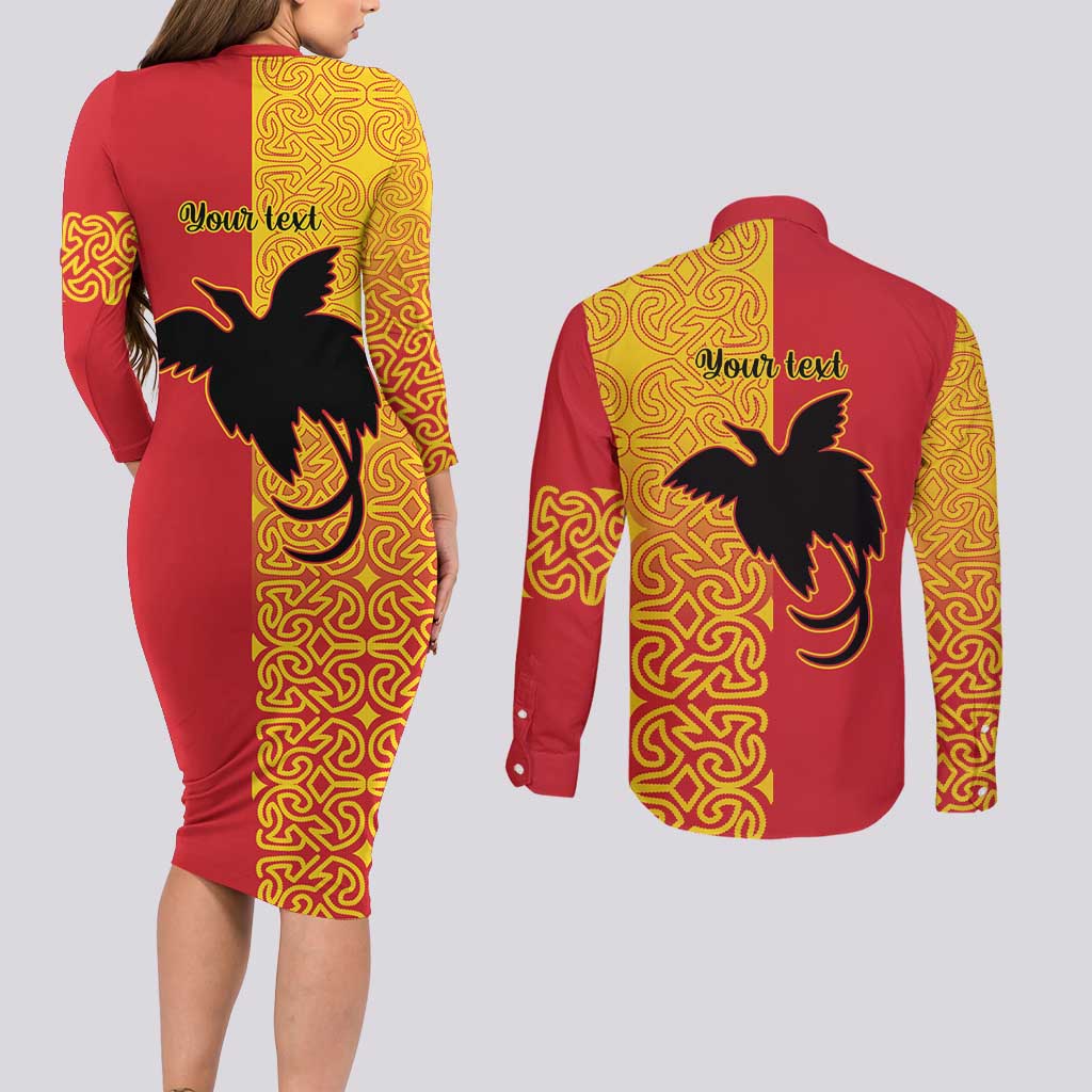 Papua New Guinea Oro Tapa Personalised Couples Matching Long Sleeve Bodycon Dress and Long Sleeve Button Shirt Simple Bird of Paradise Style - Polynesian Pride