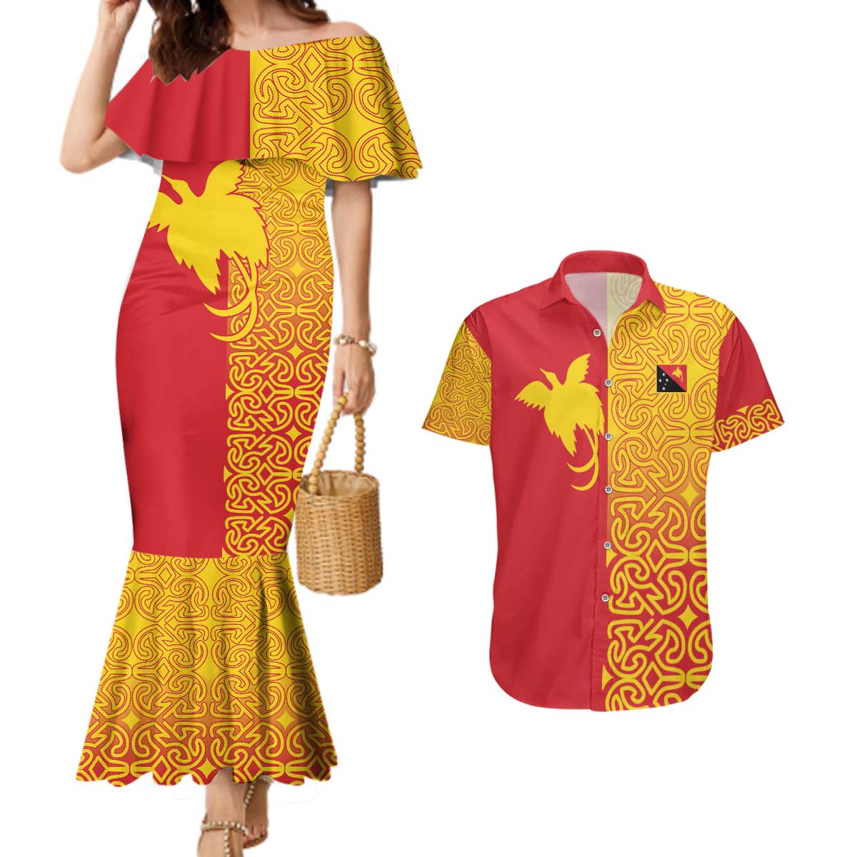 Papua New Guinea Oro Tapa Personalised Couples Matching Mermaid Dress and Hawaiian Shirt Simple Bird of Paradise Style - Polynesian Pride