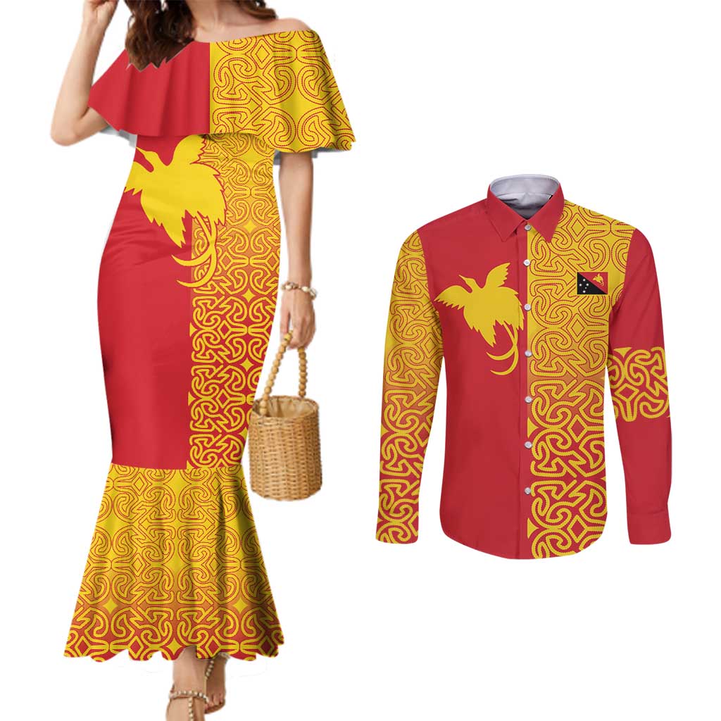 Papua New Guinea Oro Tapa Personalised Couples Matching Mermaid Dress and Long Sleeve Button Shirt Simple Bird of Paradise Style - Polynesian Pride