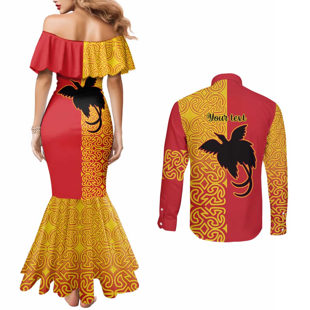 Papua New Guinea Oro Tapa Personalised Couples Matching Mermaid Dress and Long Sleeve Button Shirt Simple Bird of Paradise Style - Polynesian Pride