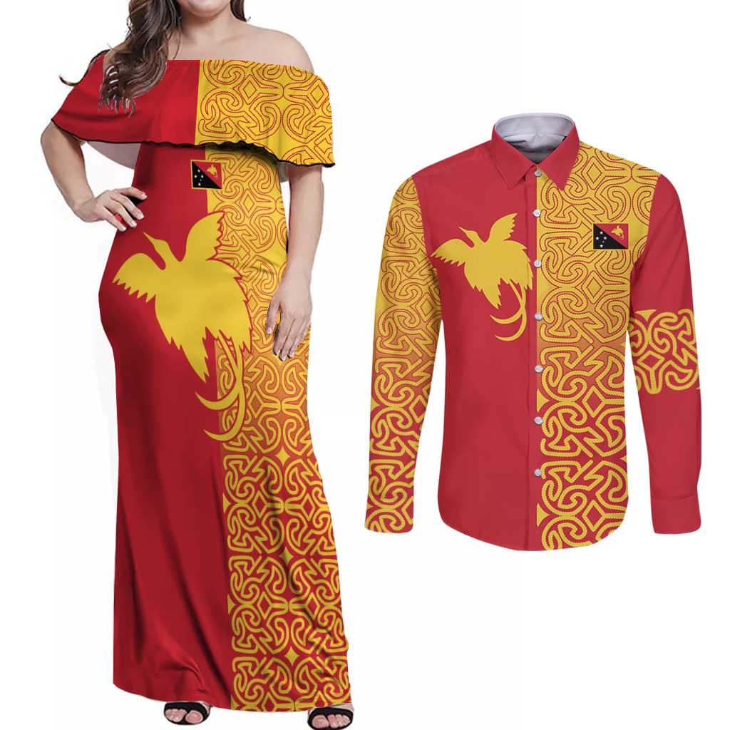 Papua New Guinea Oro Tapa Personalised Couples Matching Off Shoulder Maxi Dress and Long Sleeve Button Shirt Simple Bird of Paradise Style - Polynesian Pride
