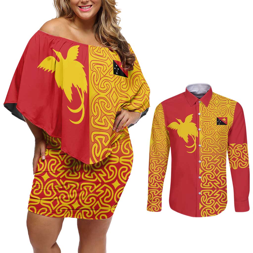 Papua New Guinea Oro Tapa Personalised Couples Matching Off Shoulder Short Dress and Long Sleeve Button Shirt Simple Bird of Paradise Style - Polynesian Pride