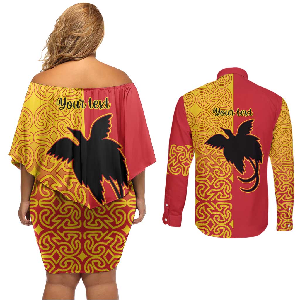 Papua New Guinea Oro Tapa Personalised Couples Matching Off Shoulder Short Dress and Long Sleeve Button Shirt Simple Bird of Paradise Style - Polynesian Pride