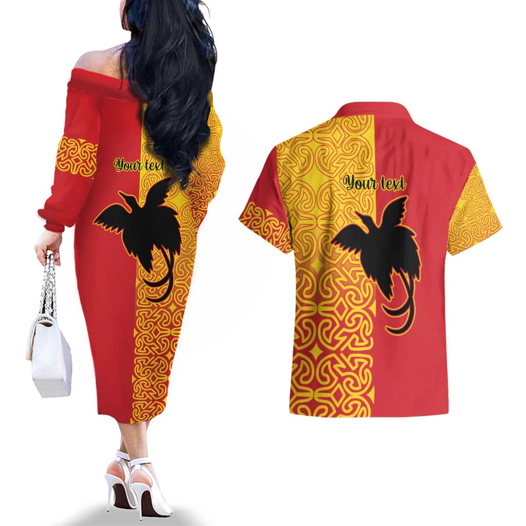 Papua New Guinea Oro Tapa Personalised Couples Matching Off The Shoulder Long Sleeve Dress and Hawaiian Shirt Simple Bird of Paradise Style - Polynesian Pride