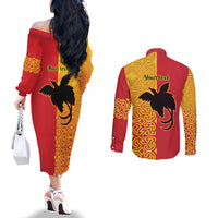 Papua New Guinea Oro Tapa Personalised Couples Matching Off The Shoulder Long Sleeve Dress and Long Sleeve Button Shirt Simple Bird of Paradise Style - Polynesian Pride