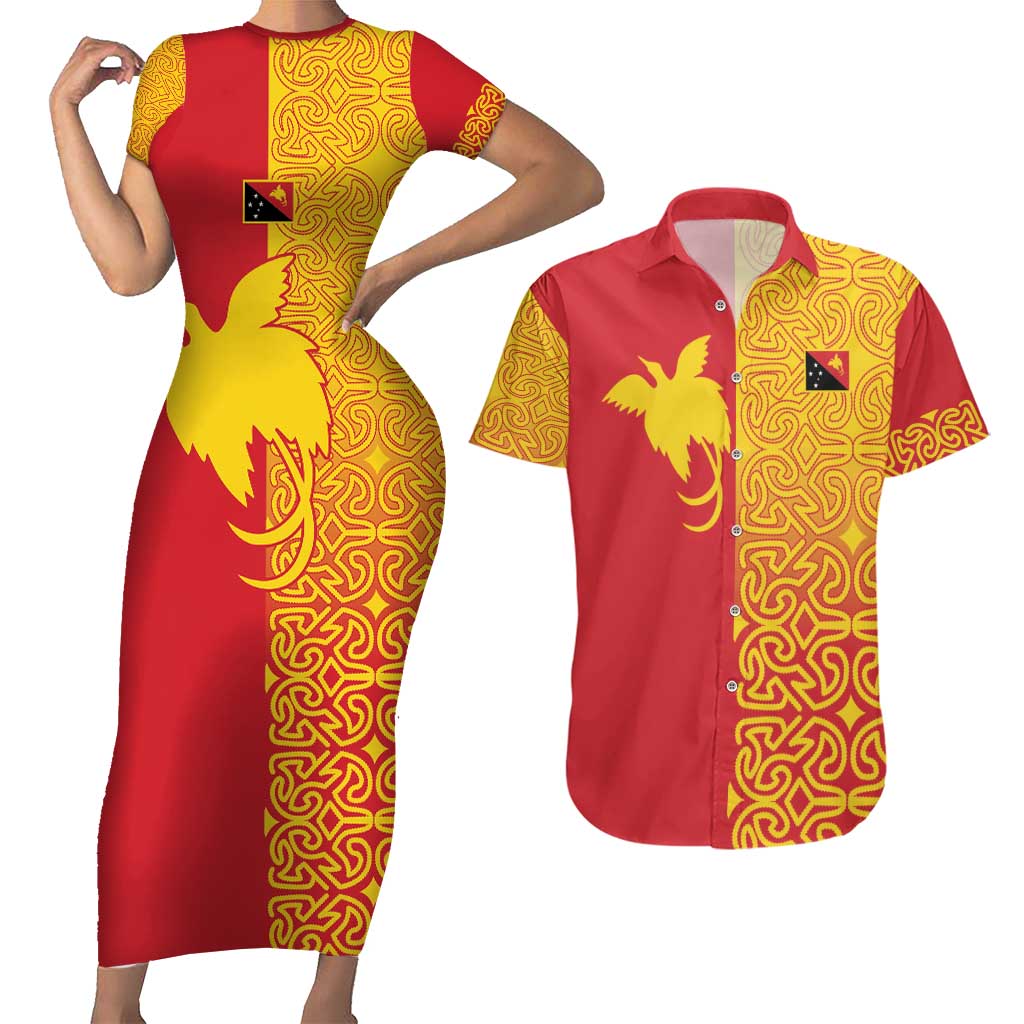 Papua New Guinea Oro Tapa Personalised Couples Matching Short Sleeve Bodycon Dress and Hawaiian Shirt Simple Bird of Paradise Style - Polynesian Pride