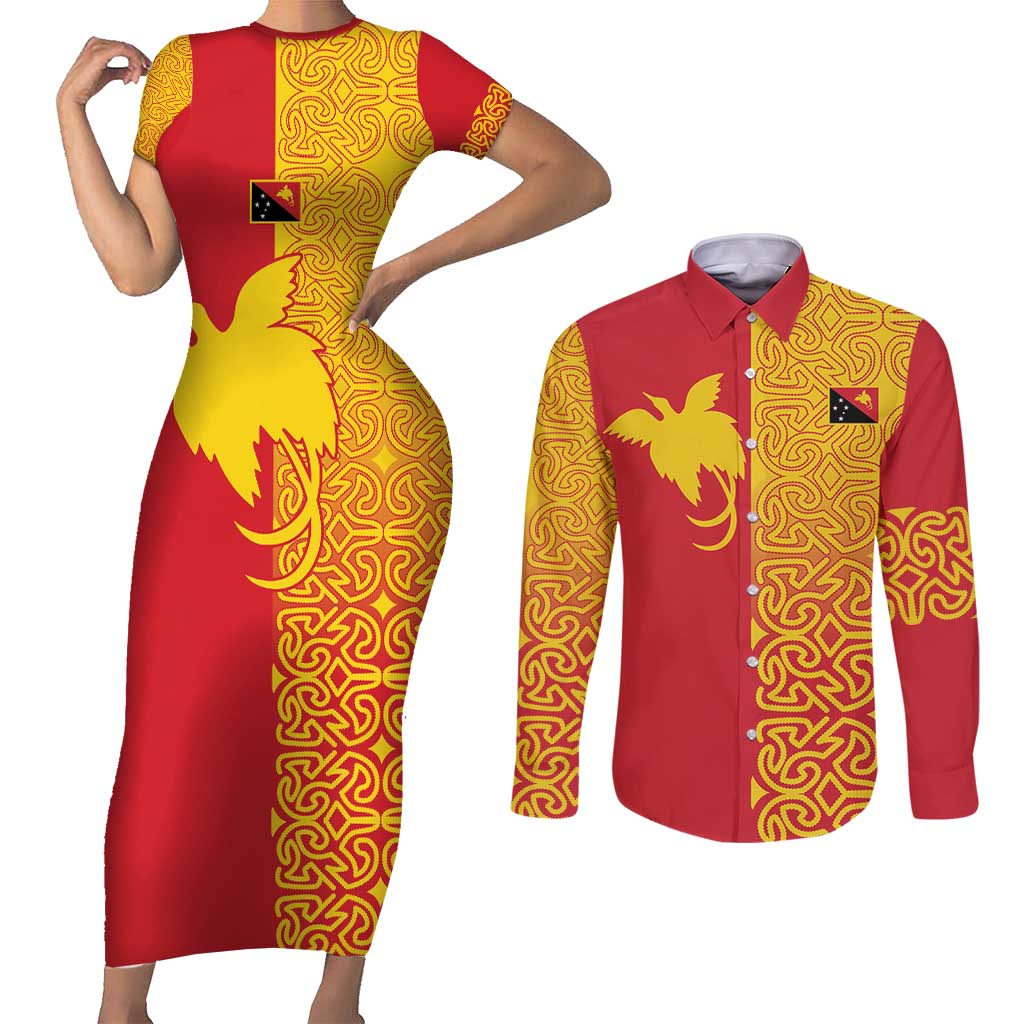Papua New Guinea Oro Tapa Personalised Couples Matching Short Sleeve Bodycon Dress and Long Sleeve Button Shirt Simple Bird of Paradise Style - Polynesian Pride