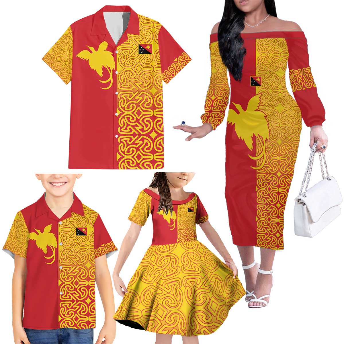 Papua New Guinea Oro Tapa Personalised Family Matching Off The Shoulder Long Sleeve Dress and Hawaiian Shirt Simple Bird of Paradise Style - Polynesian Pride