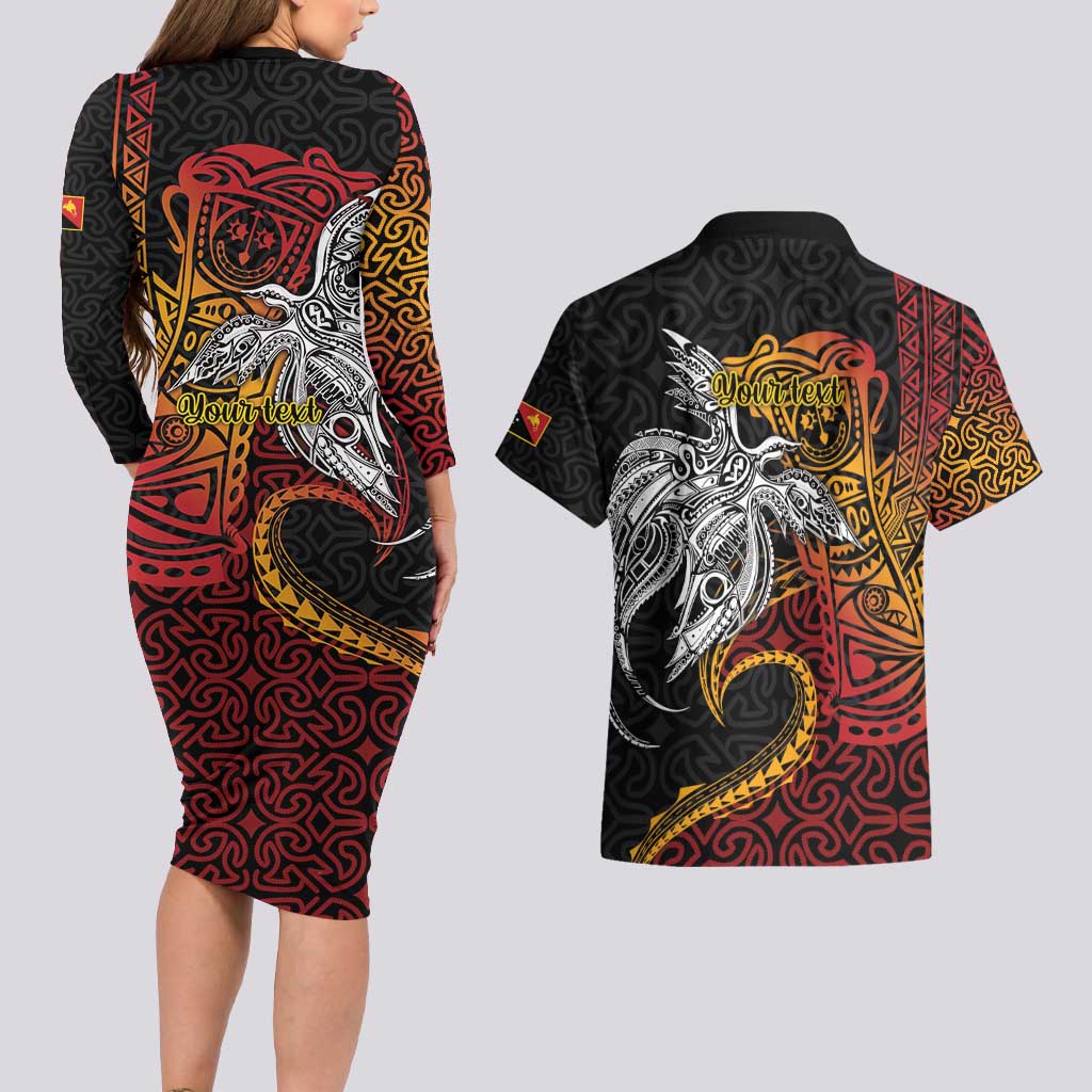 Papua New Guinea Sepik Personalised Couples Matching Long Sleeve Bodycon Dress and Hawaiian Shirt PNG Bird of Paradise Tattoo - Polynesian Pride