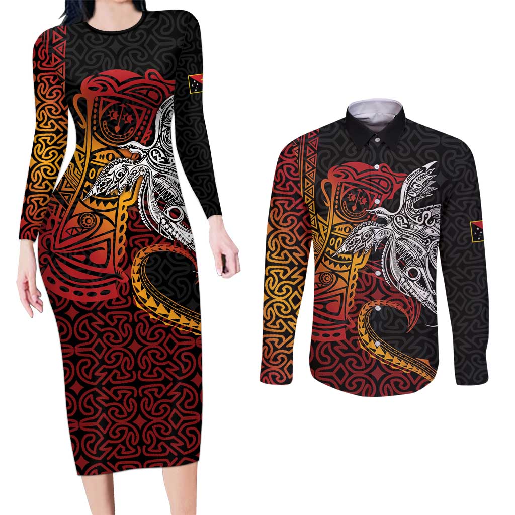 Papua New Guinea Sepik Personalised Couples Matching Long Sleeve Bodycon Dress and Long Sleeve Button Shirt PNG Bird of Paradise Tattoo - Polynesian Pride
