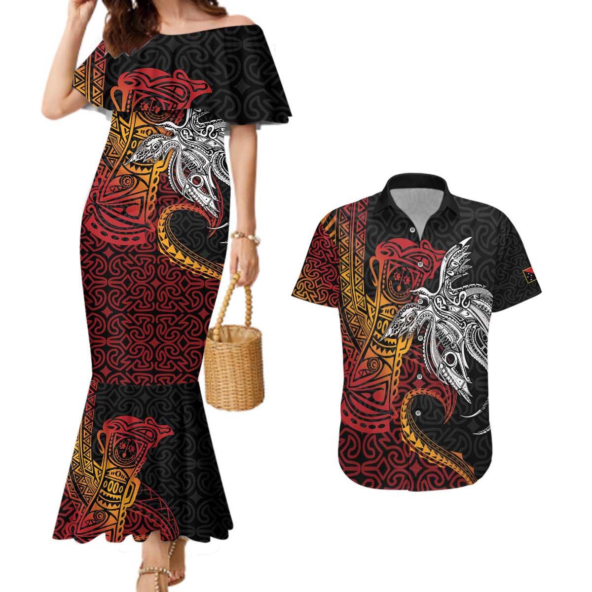 Papua New Guinea Sepik Personalised Couples Matching Mermaid Dress and Hawaiian Shirt PNG Bird of Paradise Tattoo - Polynesian Pride