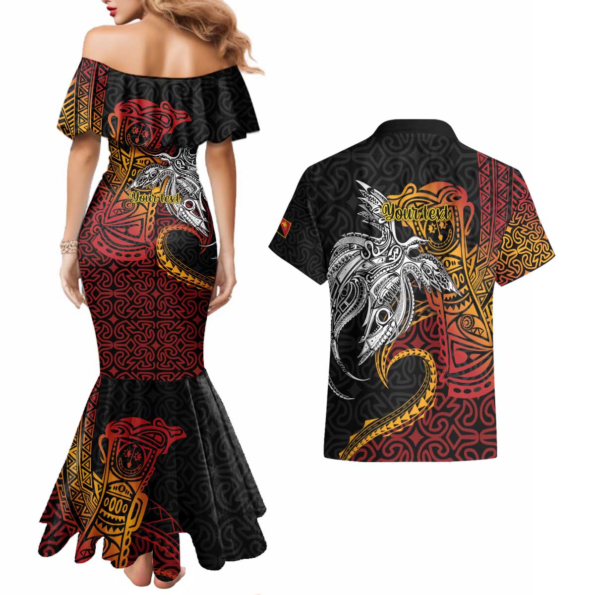 Papua New Guinea Sepik Personalised Couples Matching Mermaid Dress and Hawaiian Shirt PNG Bird of Paradise Tattoo - Polynesian Pride