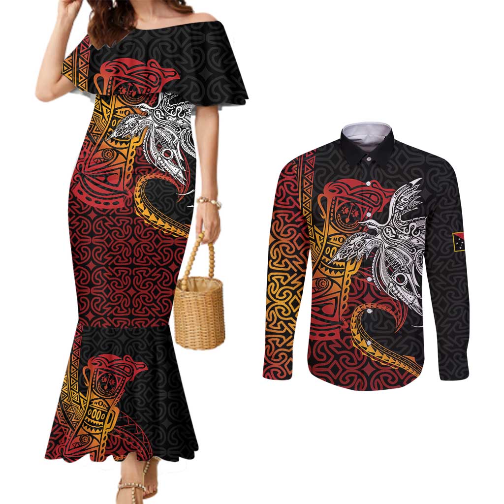 Papua New Guinea Sepik Personalised Couples Matching Mermaid Dress and Long Sleeve Button Shirt PNG Bird of Paradise Tattoo - Polynesian Pride