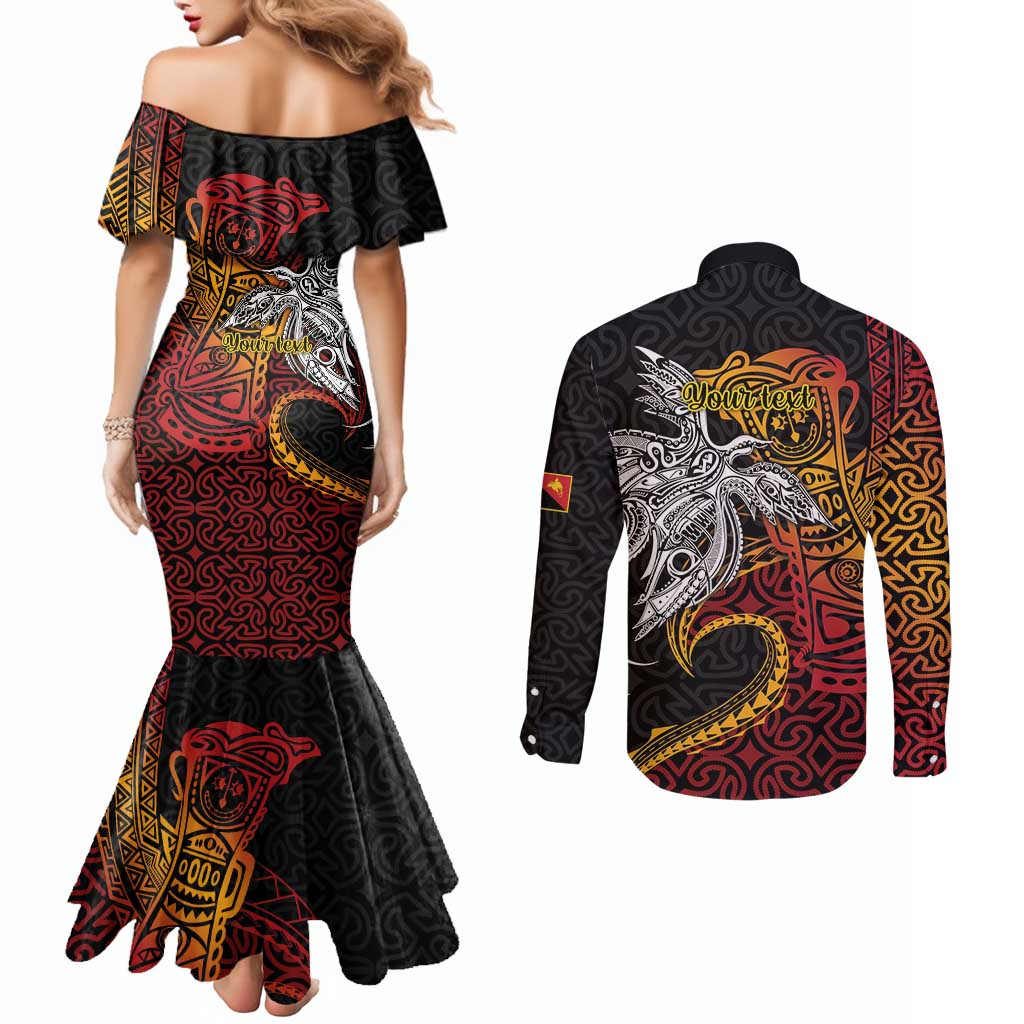 Papua New Guinea Sepik Personalised Couples Matching Mermaid Dress and Long Sleeve Button Shirt PNG Bird of Paradise Tattoo - Polynesian Pride