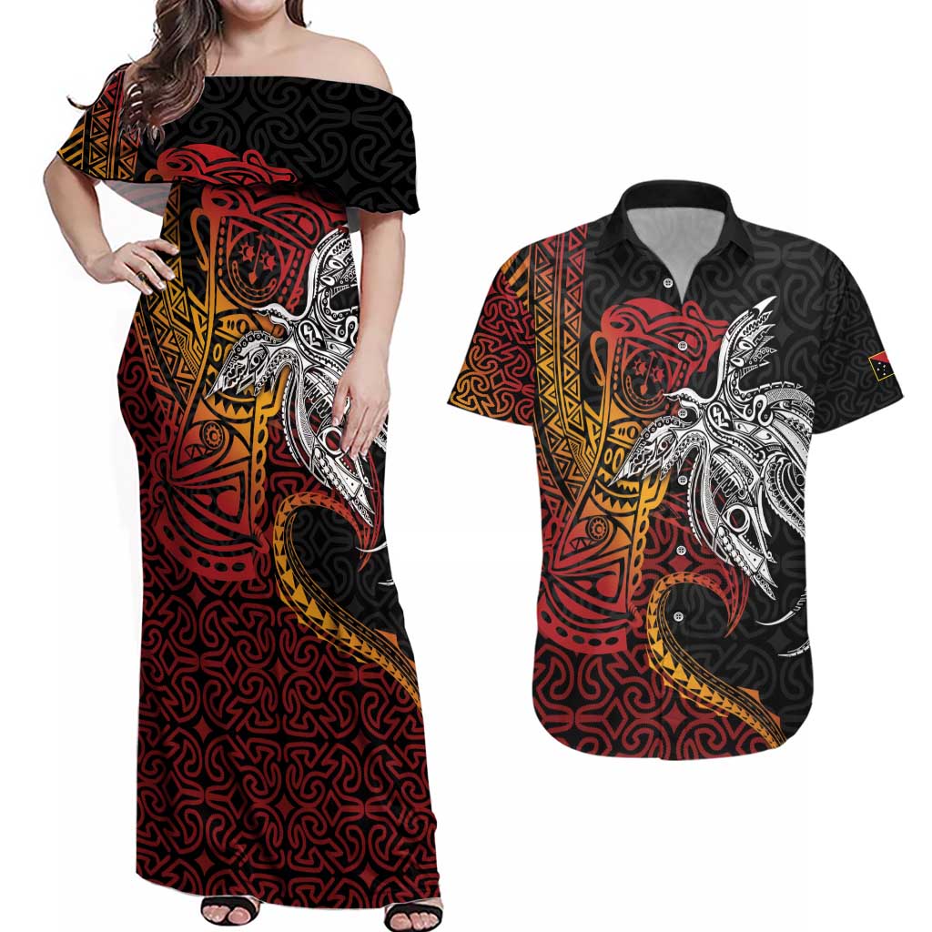 Papua New Guinea Sepik Personalised Couples Matching Off Shoulder Maxi Dress and Hawaiian Shirt PNG Bird of Paradise Tattoo - Polynesian Pride