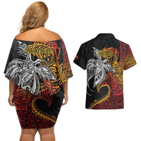 Papua New Guinea Sepik Personalised Couples Matching Off Shoulder Short Dress and Hawaiian Shirt PNG Bird of Paradise Tattoo - Polynesian Pride