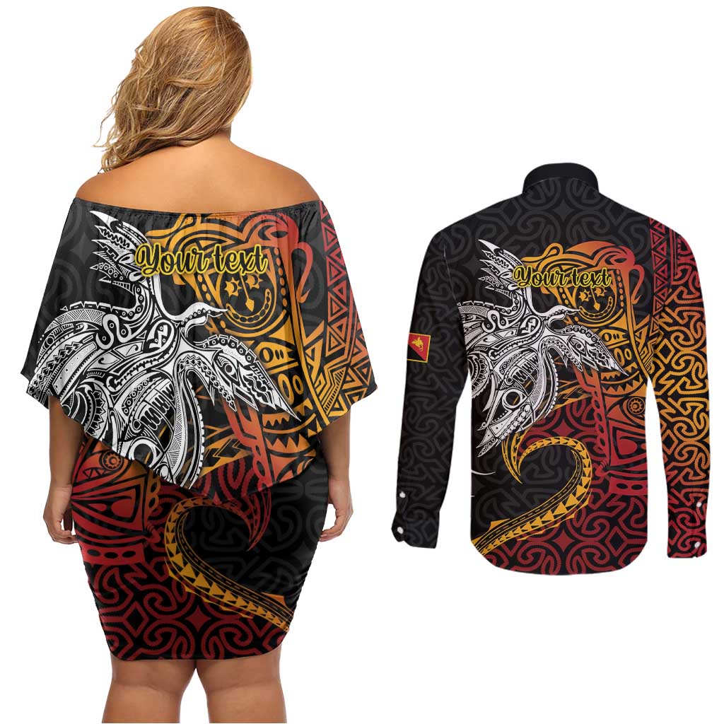 Papua New Guinea Sepik Personalised Couples Matching Off Shoulder Short Dress and Long Sleeve Button Shirt PNG Bird of Paradise Tattoo - Polynesian Pride
