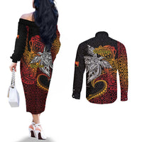 Papua New Guinea Sepik Personalised Couples Matching Off The Shoulder Long Sleeve Dress and Long Sleeve Button Shirt PNG Bird of Paradise Tattoo - Polynesian Pride