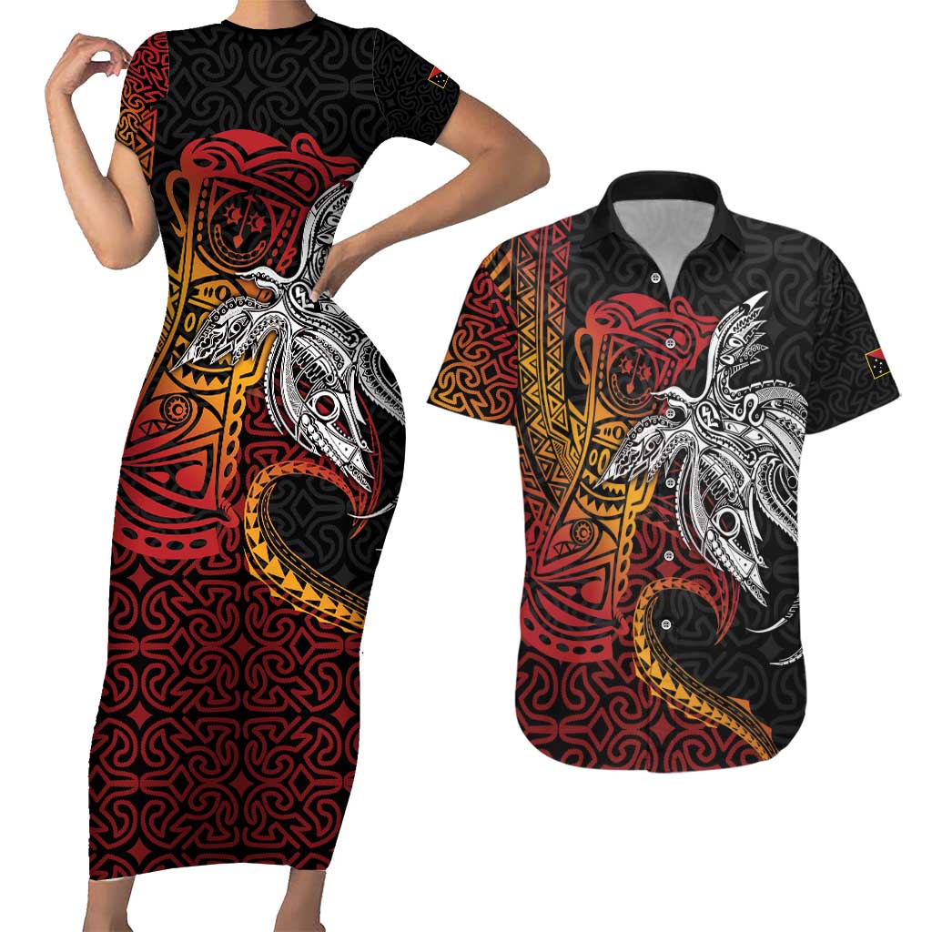 Papua New Guinea Sepik Personalised Couples Matching Short Sleeve Bodycon Dress and Hawaiian Shirt PNG Bird of Paradise Tattoo - Polynesian Pride