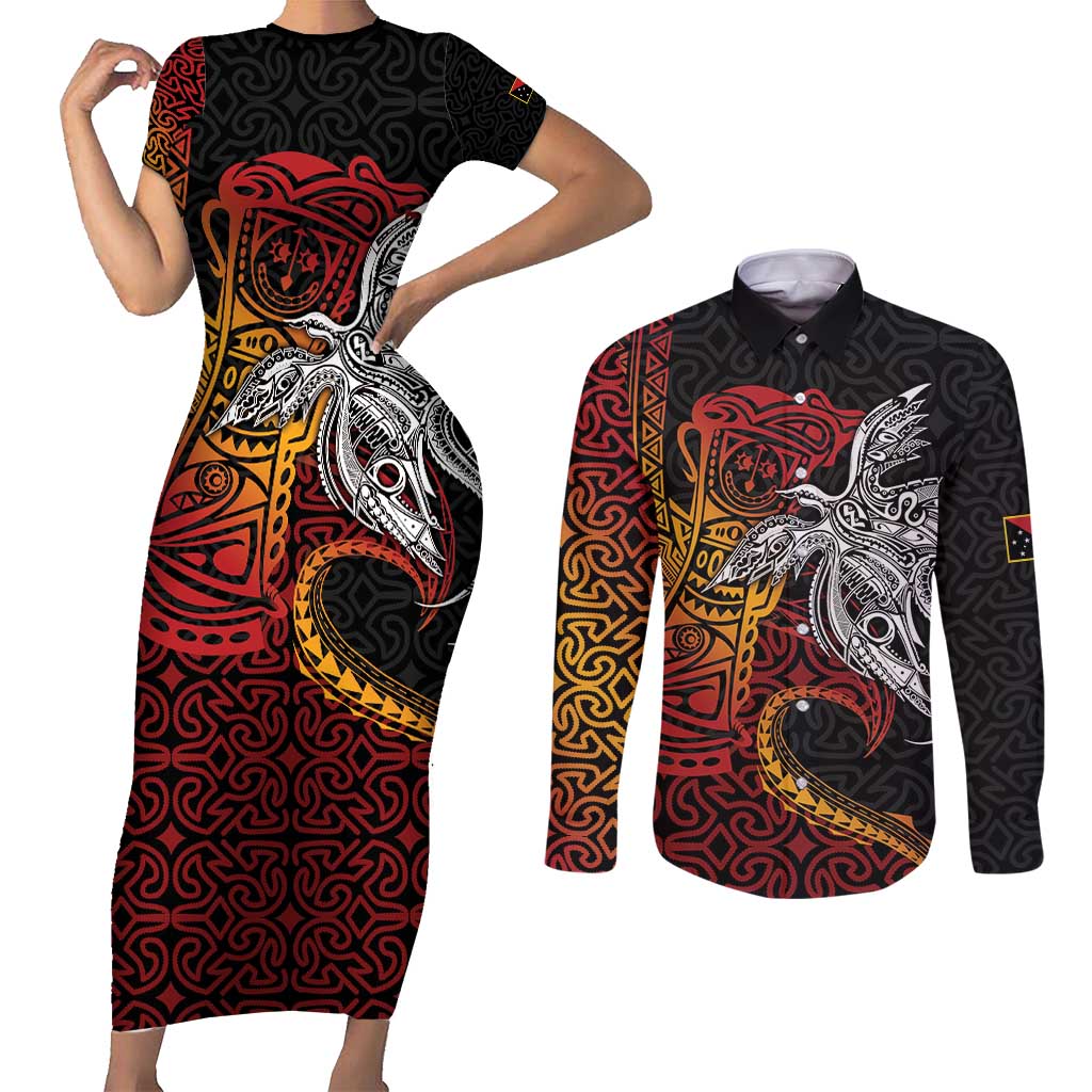 Papua New Guinea Sepik Personalised Couples Matching Short Sleeve Bodycon Dress and Long Sleeve Button Shirt PNG Bird of Paradise Tattoo - Polynesian Pride