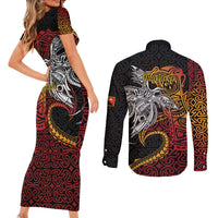 Papua New Guinea Sepik Personalised Couples Matching Short Sleeve Bodycon Dress and Long Sleeve Button Shirt PNG Bird of Paradise Tattoo - Polynesian Pride