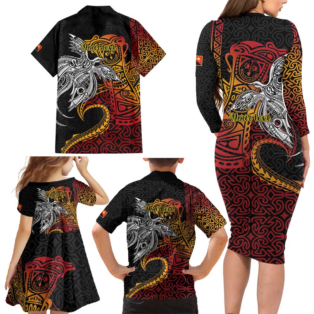 Papua New Guinea Sepik Personalised Family Matching Long Sleeve Bodycon Dress and Hawaiian Shirt PNG Bird of Paradise Tattoo - Polynesian Pride
