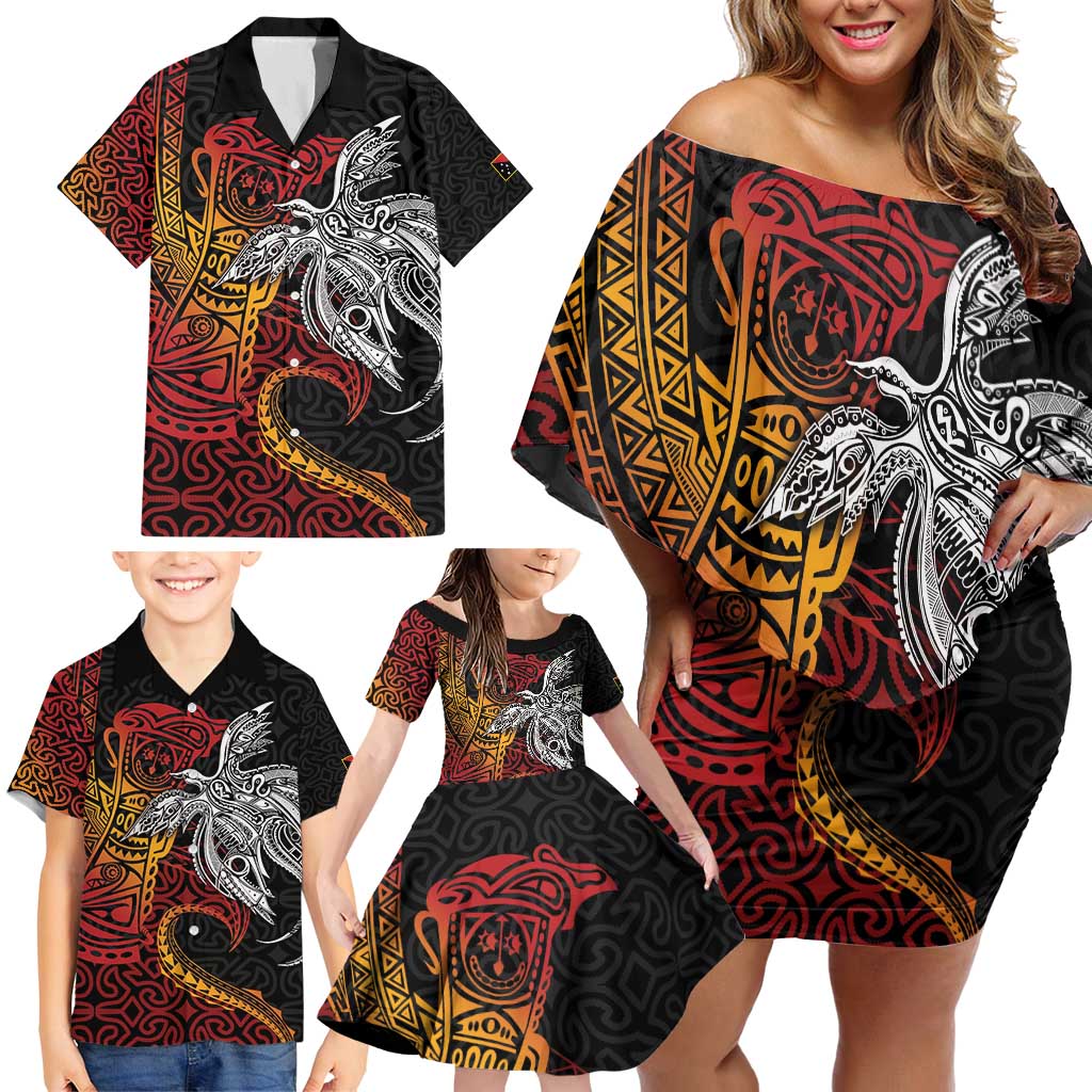 Papua New Guinea Sepik Personalised Family Matching Off Shoulder Short Dress and Hawaiian Shirt PNG Bird of Paradise Tattoo - Polynesian Pride