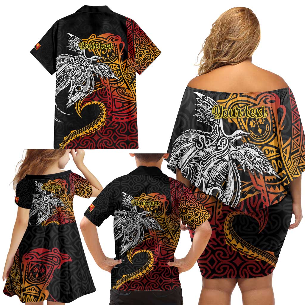 Papua New Guinea Sepik Personalised Family Matching Off Shoulder Short Dress and Hawaiian Shirt PNG Bird of Paradise Tattoo - Polynesian Pride