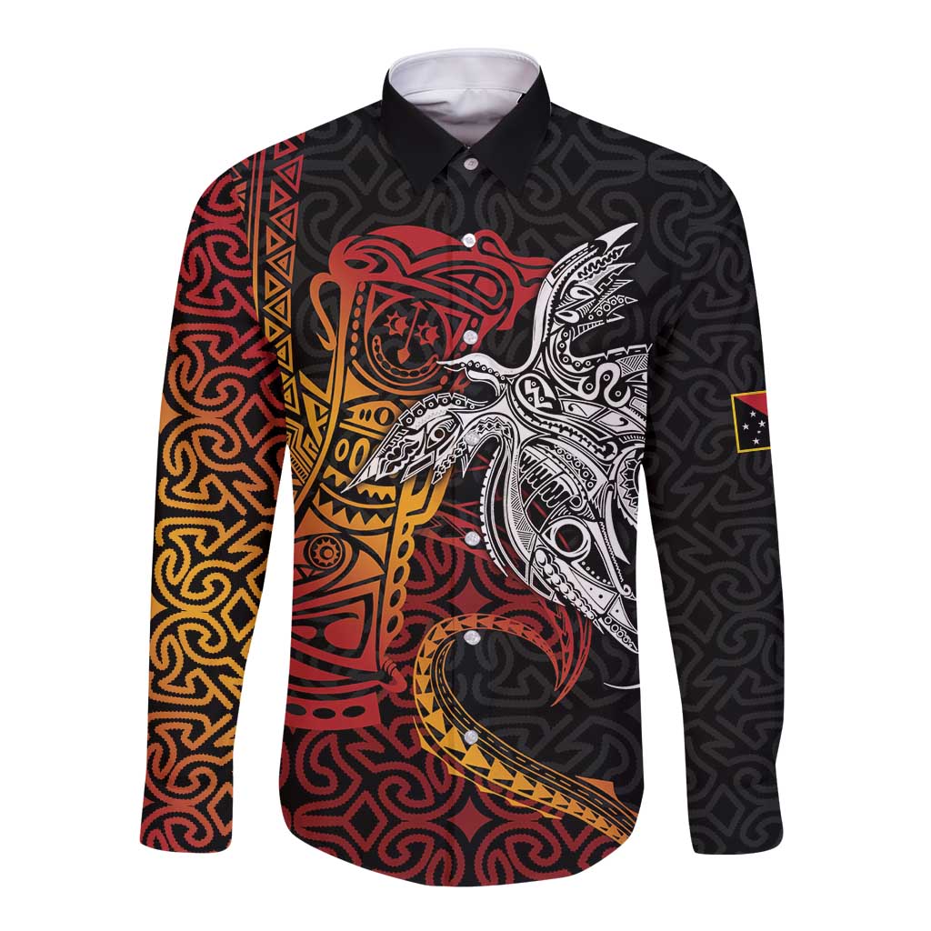 Papua New Guinea Sepik Personalised Long Sleeve Button Shirt PNG Bird of Paradise Tattoo - Polynesian Pride
