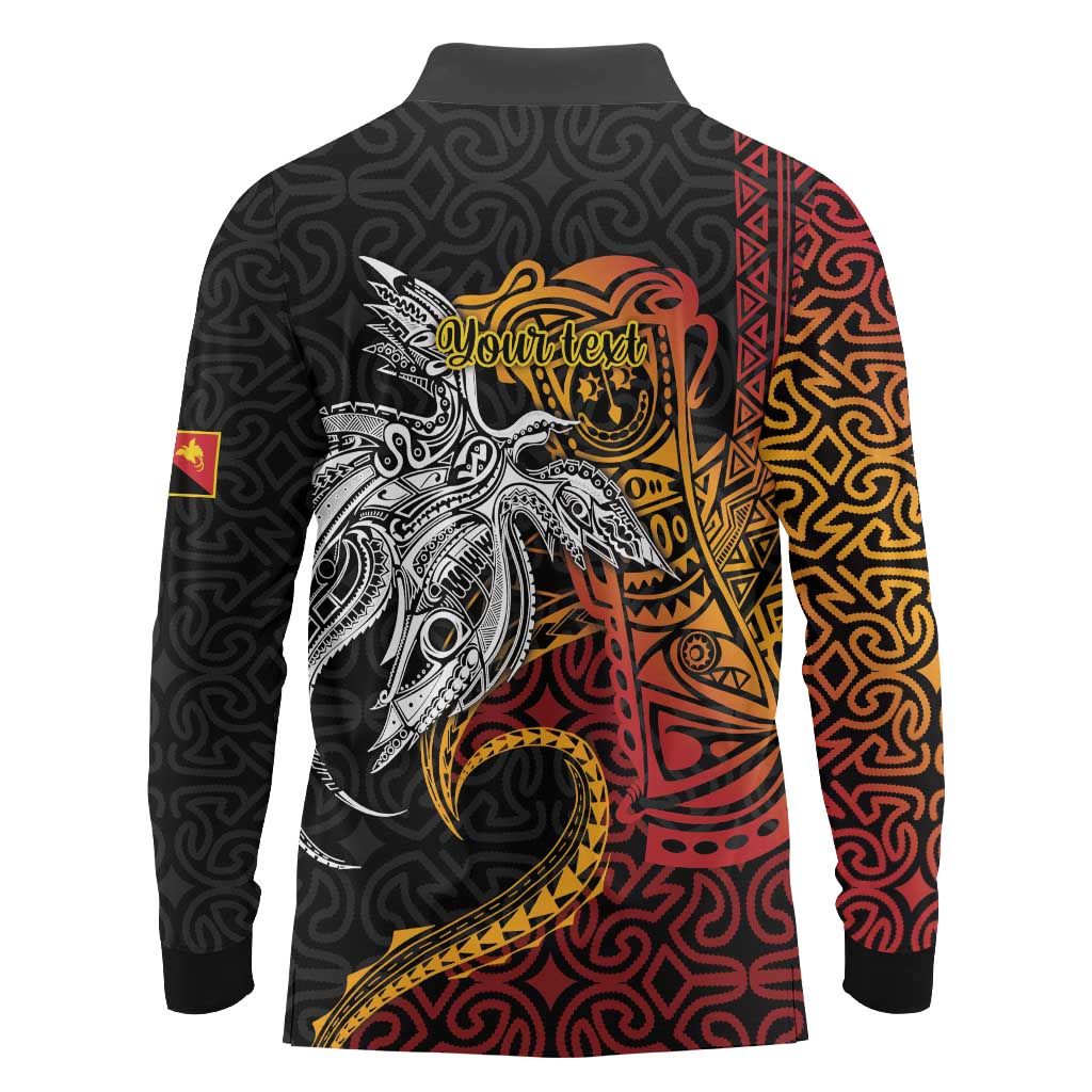 Papua New Guinea Sepik Personalised Long Sleeve Polo Shirt PNG Bird of Paradise Tattoo - Polynesian Pride