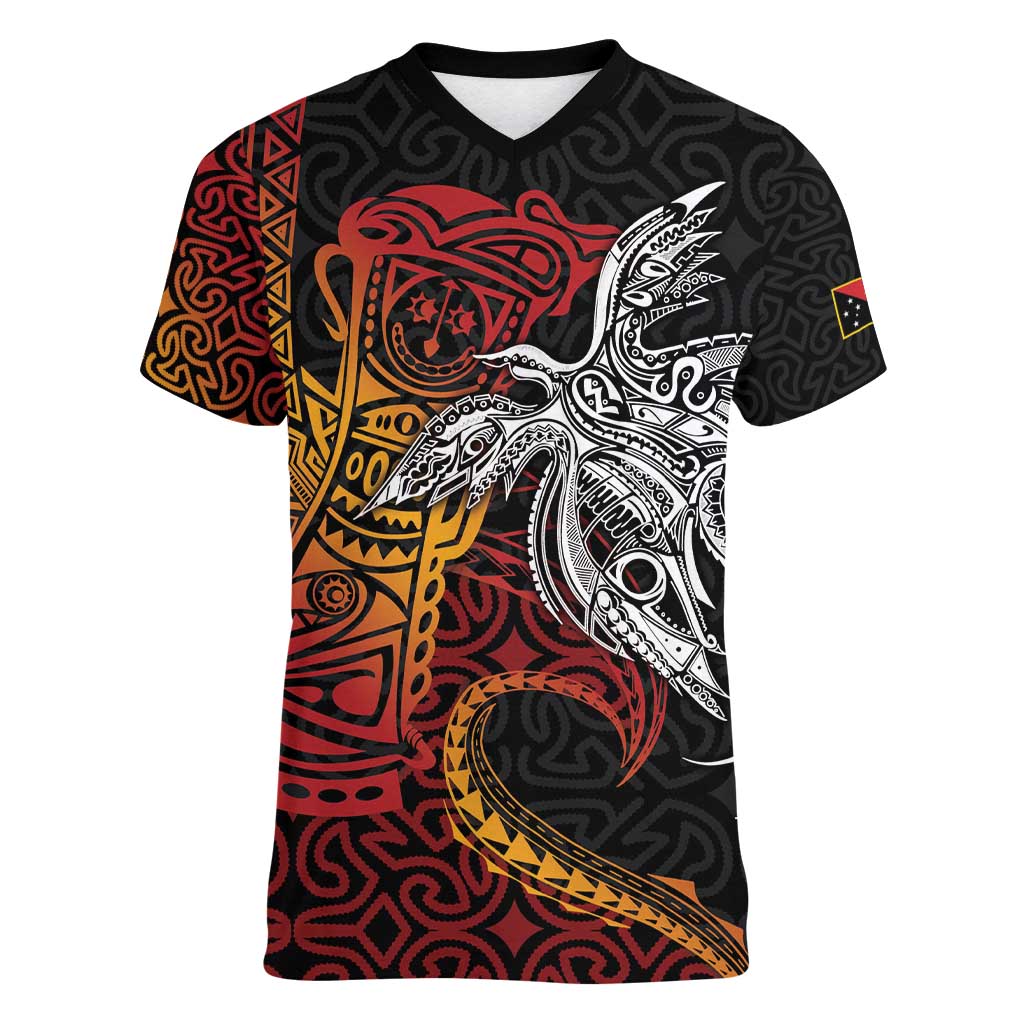 Papua New Guinea Sepik Personalised Women V-Neck T-Shirt PNG Bird of Paradise Tattoo - Polynesian Pride