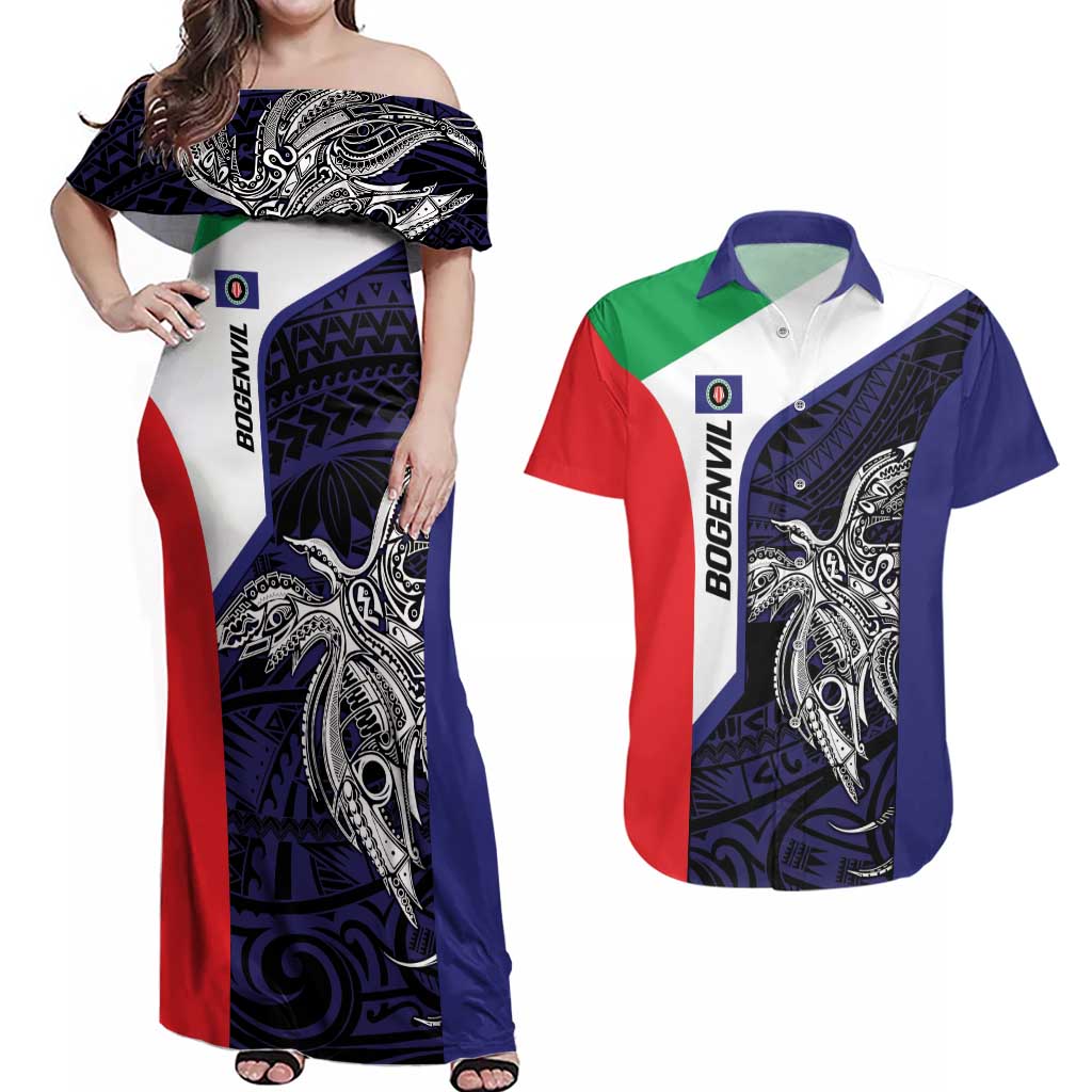 Personalised PNG Bougainville Couples Matching Off Shoulder Maxi Dress and Hawaiian Shirt Bird of Paradise Tattoo Flag Motif - Polynesian Pride