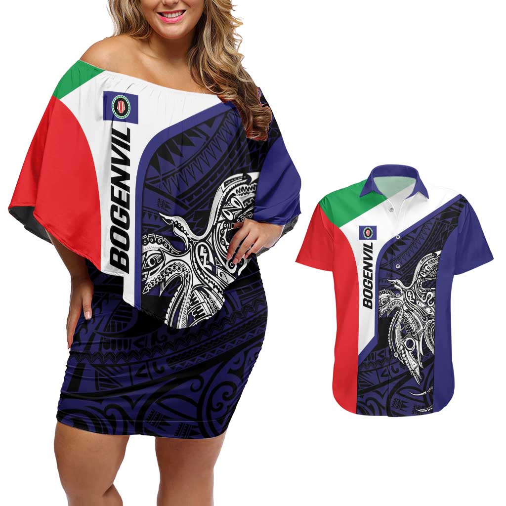 Personalised PNG Bougainville Couples Matching Off Shoulder Short Dress and Hawaiian Shirt Bird of Paradise Tattoo Flag Motif - Polynesian Pride