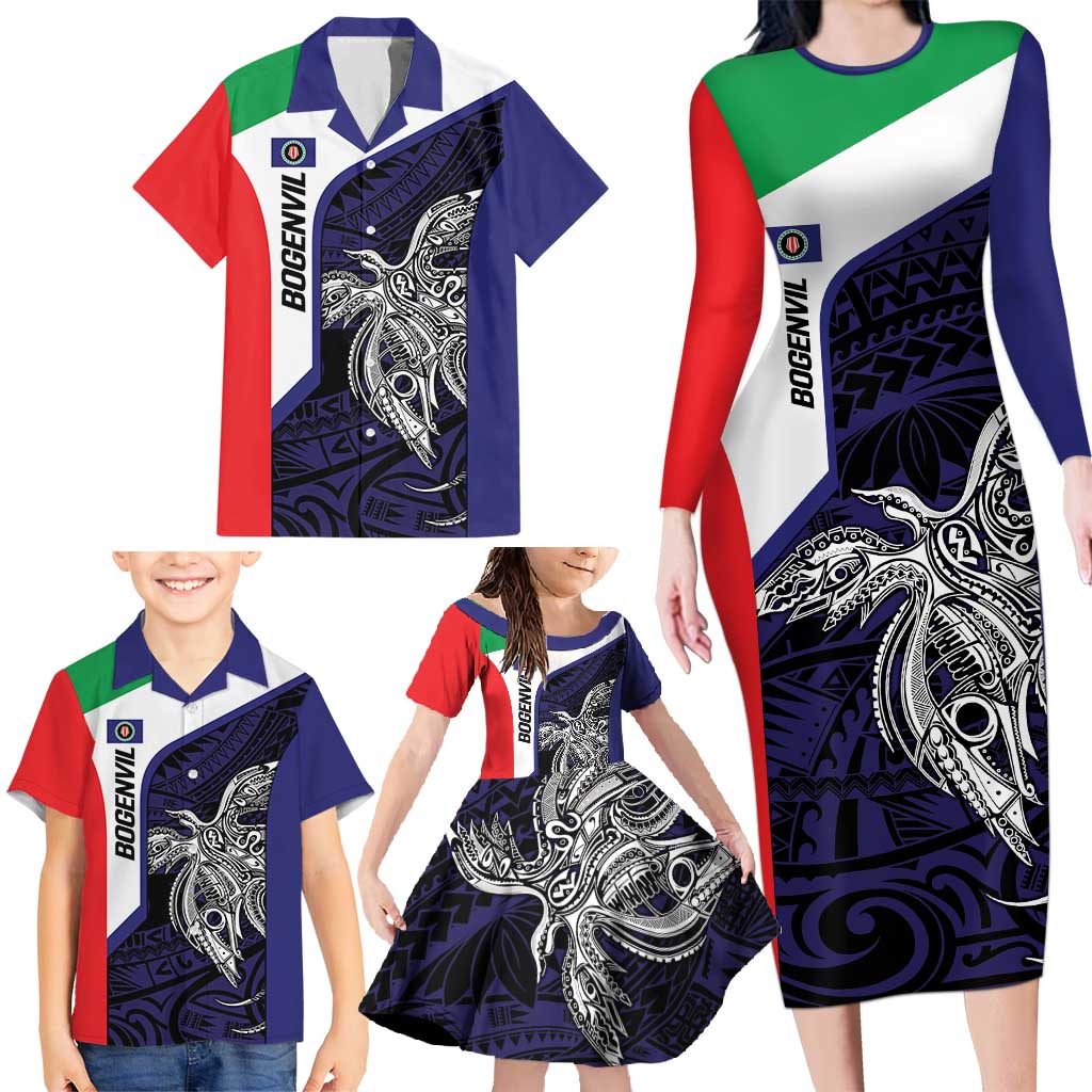 Personalised PNG Bougainville Family Matching Long Sleeve Bodycon Dress and Hawaiian Shirt Bird of Paradise Tattoo Flag Motif - Polynesian Pride
