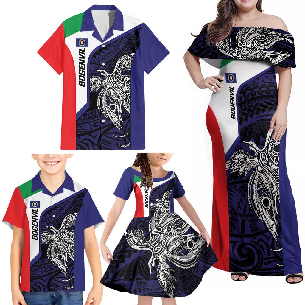 Personalised PNG Bougainville Family Matching Off Shoulder Maxi Dress and Hawaiian Shirt Bird of Paradise Tattoo Flag Motif - Polynesian Pride